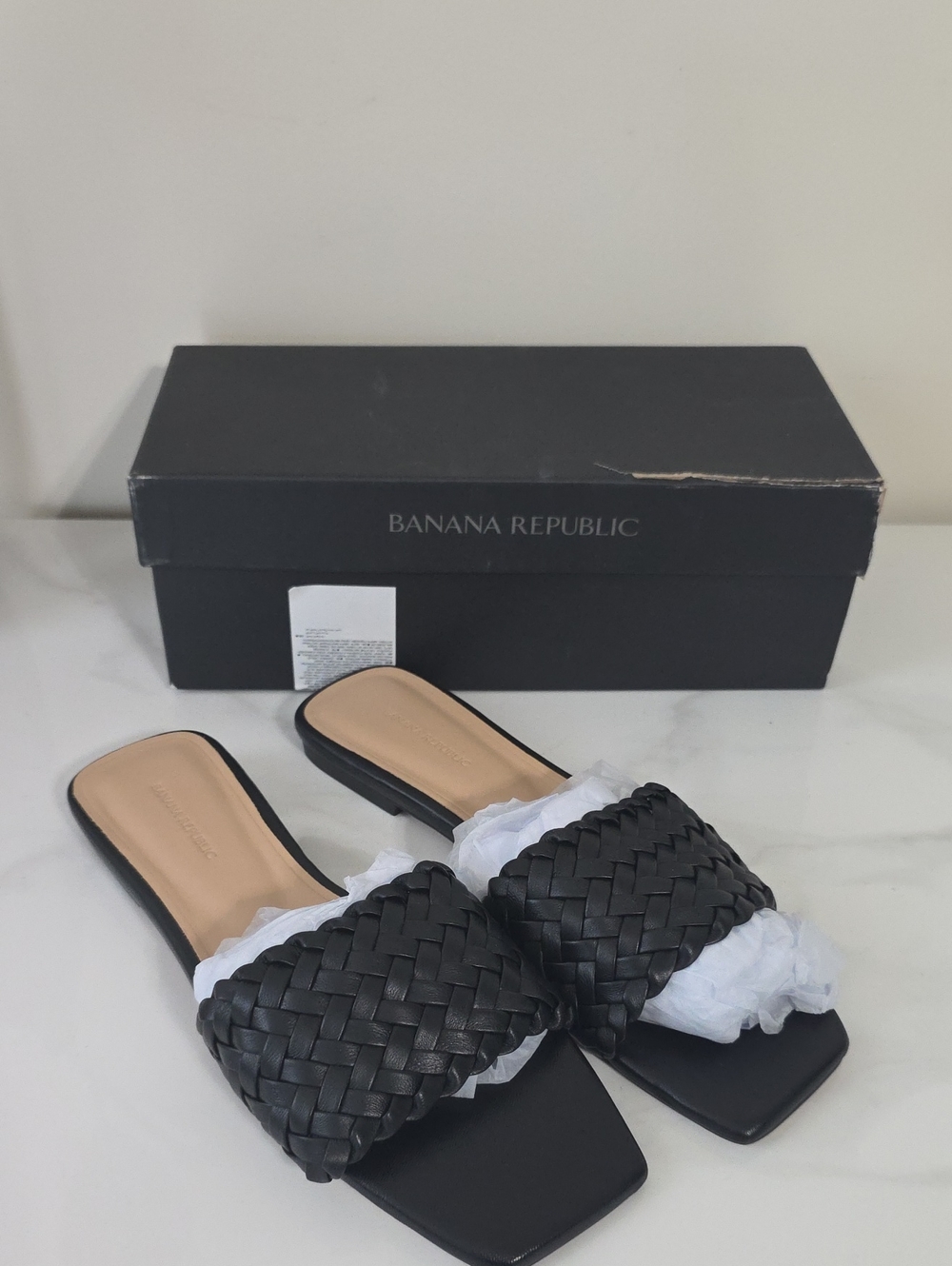 Banana Republic Black Woven Leather Slide Mules